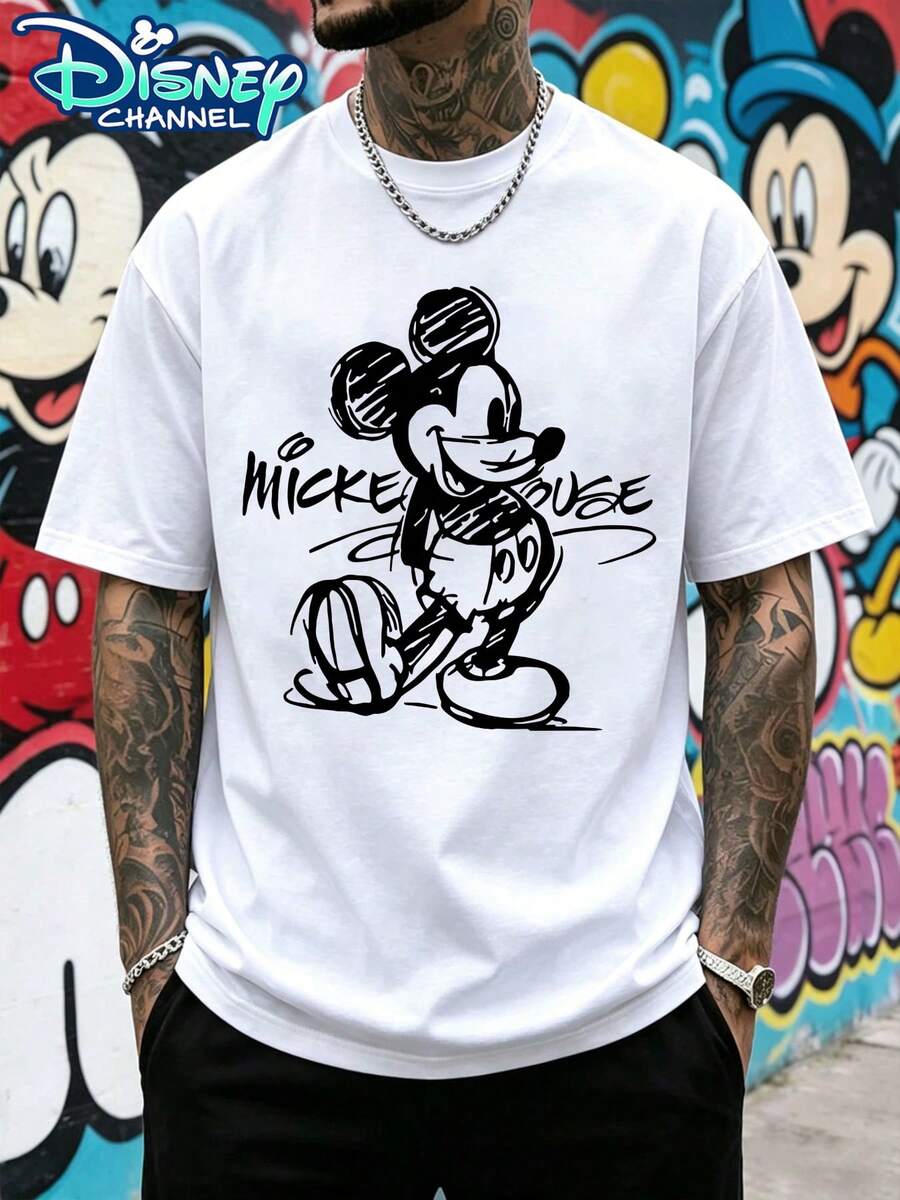 Camiseta Disney Street Wind con estampado de Mickey Mouse en blanco y negro, estampado vintage característico de Disney, manga corta informal, camiseta de algodón informal de verano para hombre, apta para hombres y mujeres, Disneyland, ropa para parejas, uso diario, estilo urbano, vacaciones, campus, fans de Disney, los mejores regalos - Blanco - Ver 1