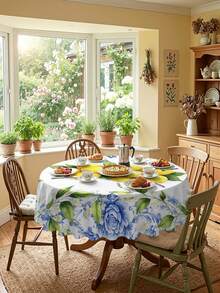 1/2pcs Tablecloth, Lemon Floral Pattern Tablecloth, Made Of Polyester Fiber, Suitable For Kitchen, Dining Room, Coffee Table, Dining Table, Picnic, Camping, Countryside Decor, Square Or Round Shape Available, Vintage Blue And White Floral, Fresh And Natural Style - Multicolor - View 10