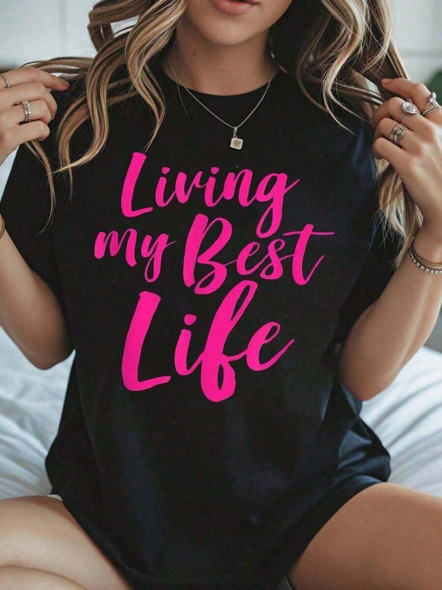Camiseta Gráfica Oversize "Living My Best Life" para Mujer, de Corte Holgado Casual, con Diseño Tipográfico Rosa, Perfecta para Uso Diario y para Demostrar Confianza en Sí Mismas, Ropa Fresca de Verano para Mujer. - Negro - Ver 1
