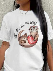 This Short-Sleeved Polyester T-Shirt, Printed With A Cute Otter Design And The Phrase "I Love You As Much As I Love Otters", Is Lightweight And Durable, Suitable For Home, Office Or Casual Outings, An Ideal Choice For Animal Lovers. - 白色 - 查看 1