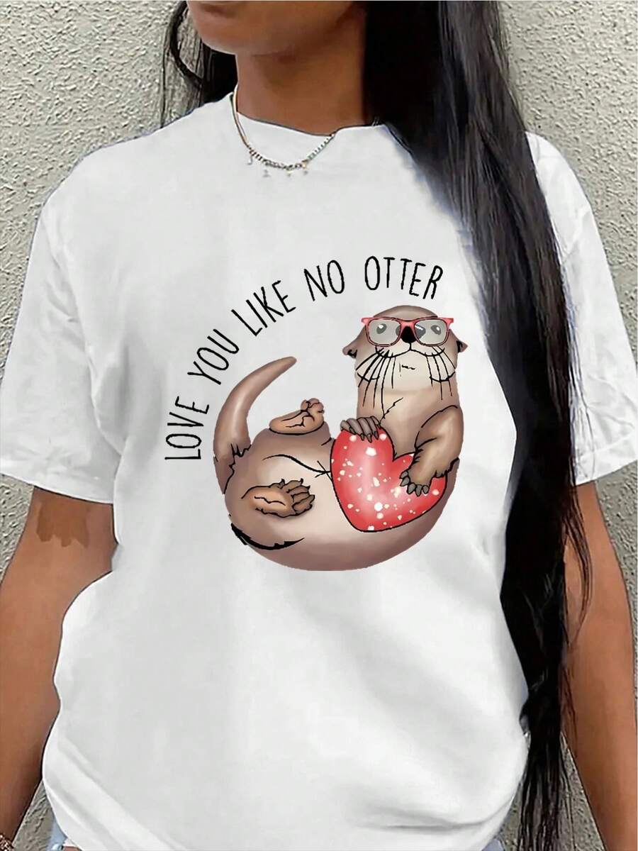 This Short-Sleeved Polyester T-Shirt, Printed With A Cute Otter Design And The Phrase "I Love You As Much As I Love Otters", Is Lightweight And Durable, Suitable For Home, Office Or Casual Outings, An Ideal Choice For Animal Lovers. - 白色 - 查看 1