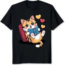 Camiseta 100% Algodón con Diseño de Tigre y Gato Leyendo un Libro con Corazones para Mujeres y Niñas, Estampado Animal Divertido, Ropa Casual - Negro - Ver 2