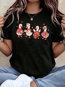 ModernoCute Women's Duck Nurse Design T-Shirt, Cartoon Animal Print, White, Comfortable, Soft Cotton For Everyday Wear, 220g Casual Clothing - 黑色 - 查看 1