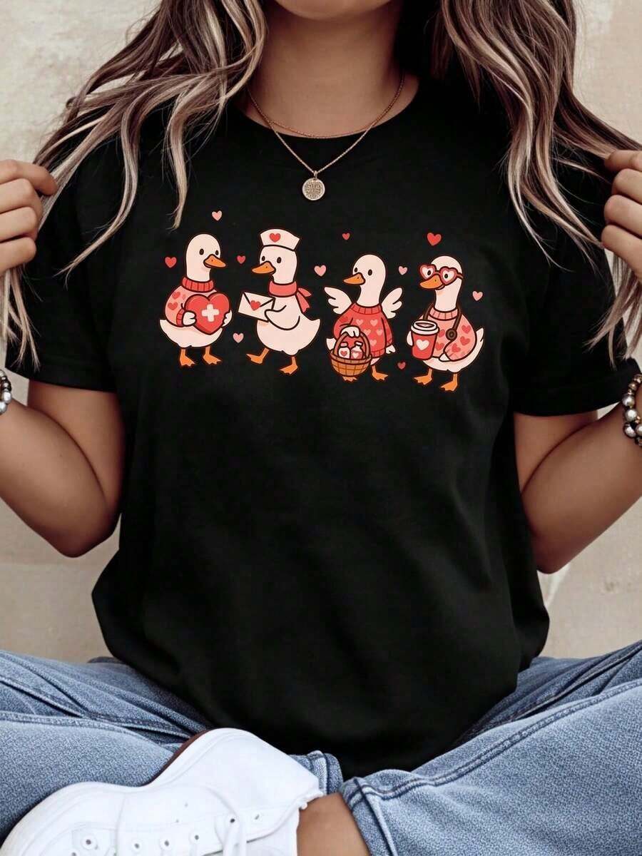 ModernoCute Women's Duck Nurse Design T-Shirt, Cartoon Animal Print, White, Comfortable, Soft Cotton For Everyday Wear, 220g Casual Clothing - 黑色 - 查看 1