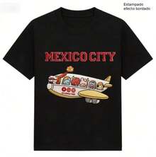 Playera  BT21 Avión "Mexico City World Tour", Estampado Efecto Bordado No Real - Negro - Ver 1