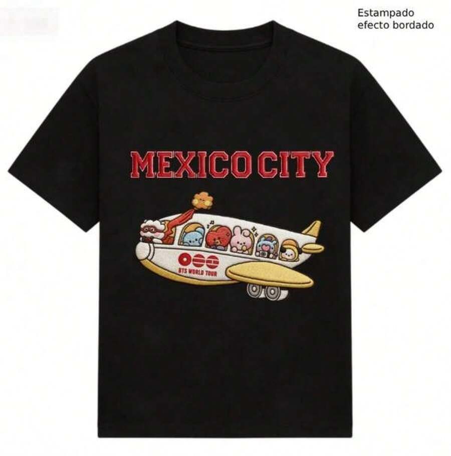 Playera BT21 Avión "Mexico City World Tour", Estampado Efecto Bordado No Real - Negro - Ver 1
