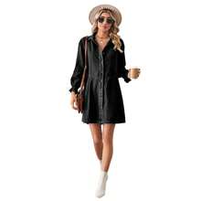 Vestido de mezclilla lavada para mujer 2024, vestido midi holgado de manga larga con diseño de patchwork, ropa de verano casual y a la moda. - Dark Gold - Ver 3