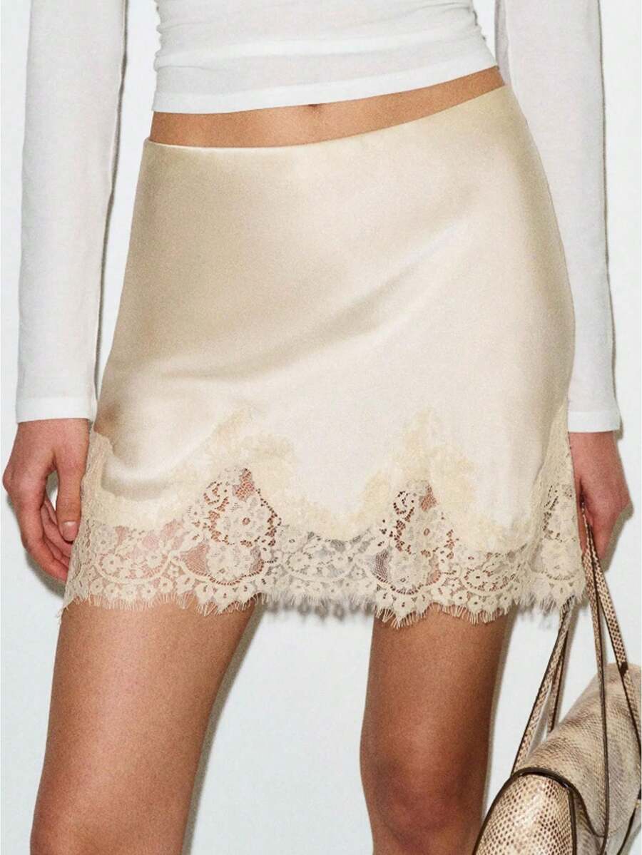 Women Lace Trim Silk Mini Skirt Y2k Lacy Satin A Line Half Silp Short Skirt Cute High Waist Underskirt Vintage Summer Vacation Beach Going Out Outfit Streetwear - 香檳色 - 查看 1