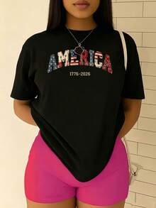 MPLSL|Camiseta de moda de Milán con estampado, blusa casual de mujer de manga corta y cuello redondo para primavera y verano|Camiseta negra con bordado temático estadounidense 1776-2026 - Negro - Ver 1