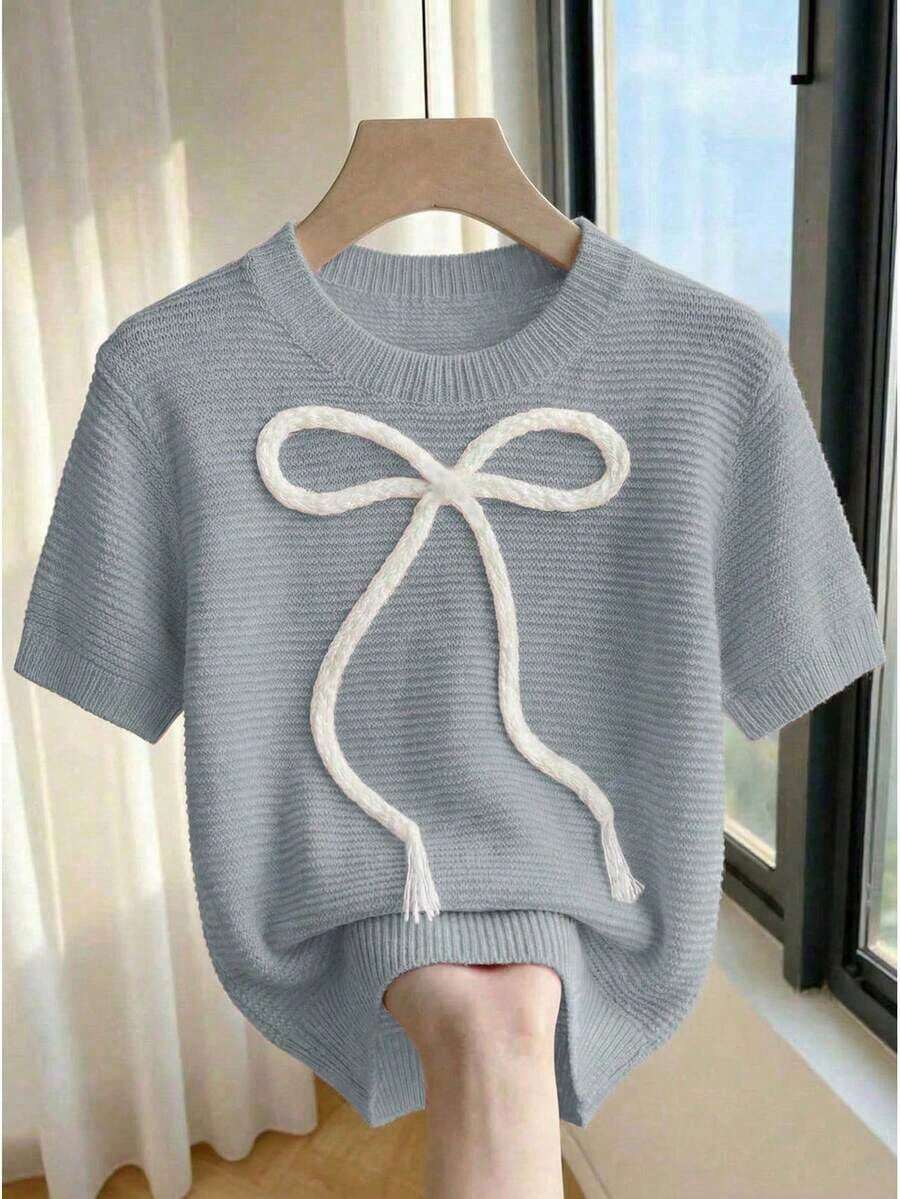2026Franclia Nuevo suéter de punto casual con lazo dulce y lindo en color rosa para mujer, blusa de lazo rosa bebé de manga corta para primavera/verano, blusas de punto con lazo lindas para mujer - Gris Claro - Ver 1
