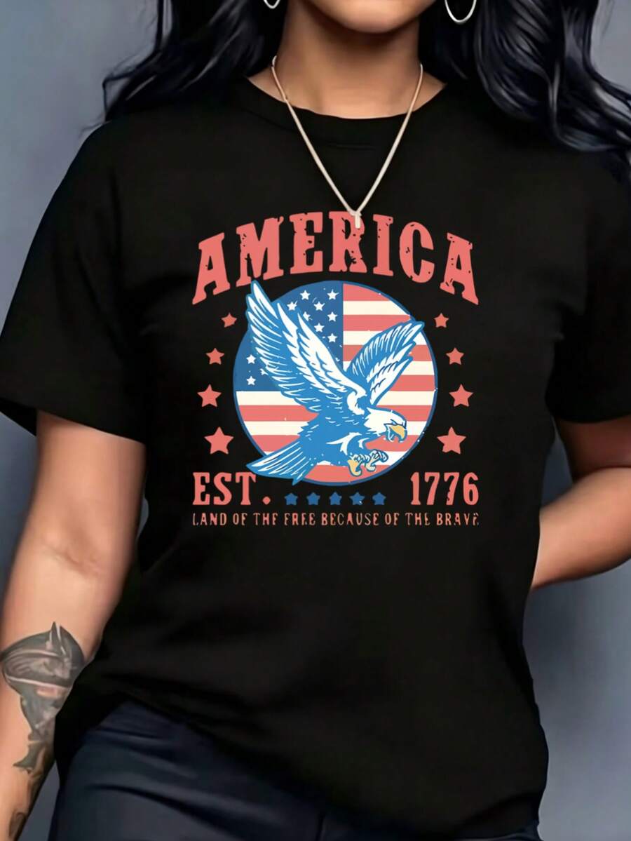 MPLSL|Camiseta de moda de Milán con estampado, blusa casual de mujer de manga corta y cuello redondo para primavera y verano|Camiseta con Estampado de Águila y Motivo Patriótico, Fundada en 1776 - Negro - Ver 1