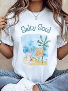 Camiseta Gráfica Boho de Playa Salty Soul| Camisa vintage de verano estilo costero| Top de estilo relajado con motivos marinos| Libertad en la    Transpirable y cómodo - Blanco - Ver 1