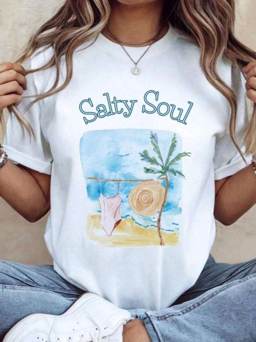 Camiseta Gráfica Boho de Playa Salty Soul| Camisa vintage de verano estilo costero| Top de estilo relajado con motivos marinos| Libertad en la    Transpirable y cómodo - Blanco - Ver 1