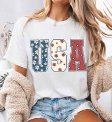 [% Algodón] Camiseta Floral USA: Camiseta Patriótica para Mujer, Atuendo para el 4 de Julio para Mujer - Blanco - Ver 8