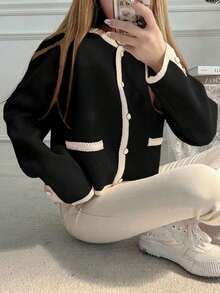 Cárdigan casual de ajuste ceñido con cuello redondo y manga larga, con empalme de color contrastante, para otoño, ropa de mujer de temporada - Negro - Ver 4
