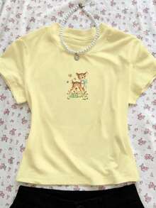 Camiseta de manga corta de cuello redondo con estampado casual de ciervos, flores y mariposas para mujer, verano - Amarillo - Ver 8