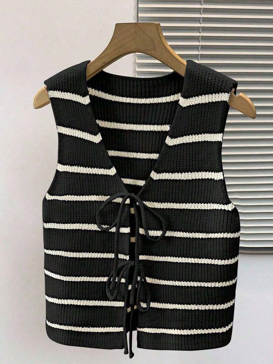 Chaleco de punto con rayas y nudo para mujer, de estilo casual - Negro - Ver 1