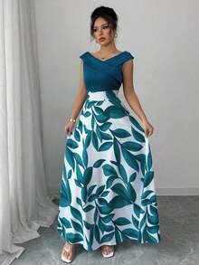 Vestido midi casual de estilo vacacional con escote en V, cintura y vuelo, en estampado azul de patchwork para mujer - Azul lavado oscuro - Ver 7