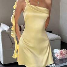guangzhougaolangshangmao Vestido de satén de unicolor con volantes en los hombros y diseño de cintura con lazo, vestido mini femenino y favorecedor para citas, fiestas, vacaciones en la playa, elegante para el verano - Amarillo - Ver 6
