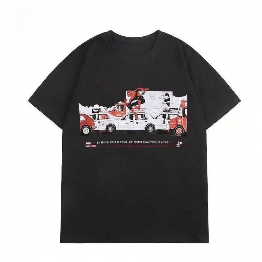 Superhero Movie Cotton T-Shirt, Loose Fit, Modern, Casual, Short Sleeve, Popular - 黑色 - 查看 1