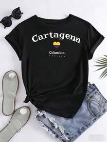 Camiseta Gráfica de Manga Corta, Camiseta de Mujer con Bandera de Corazón de Cartagena, Colombia, Top Casual de Verano, Regalo de Recuerdo de Viaje para Ella, 220g, Vintage - Negro - Ver 4