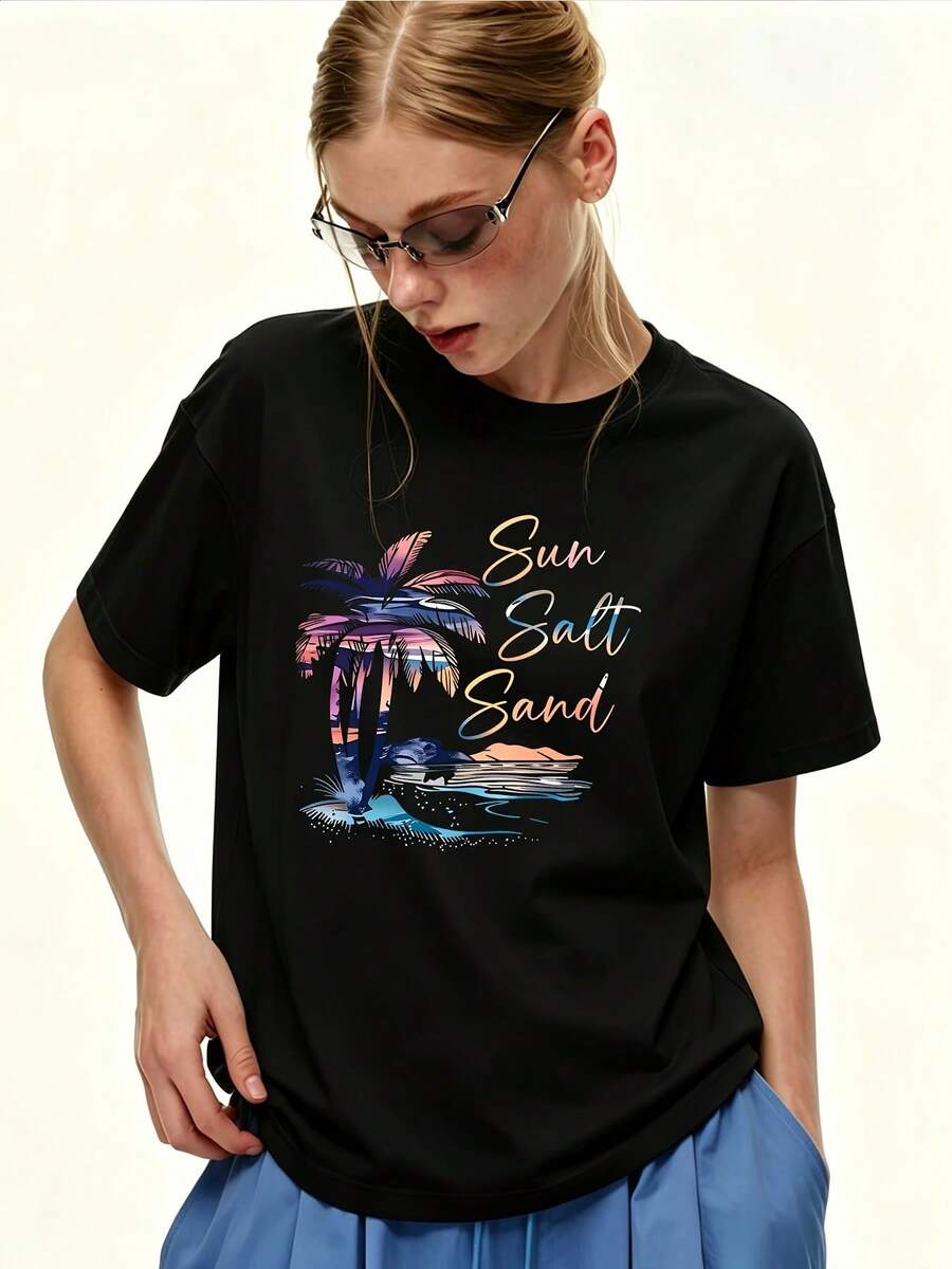Women's 180g Short Sleeve T-Shirt With Sun, Sea Salt, Beach And Palm Tree Print - Summer Beach Vacation T-Shirt, Casual, Loose Fit, Round Neck, Perfect Gift For Mother's Day, Family Gatherings And Company Building Activities - Unisex Loose Fit Cotton Short Sleeve Round Neck T-Shirt, Urban Vintage Style. - 黑色 - 查看 1
