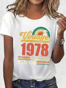 Camiseta de moda de primavera-verano para mujer con estampado vintage del año 1978 - Blusa casual estampada para salidas. - Negro - Ver 3