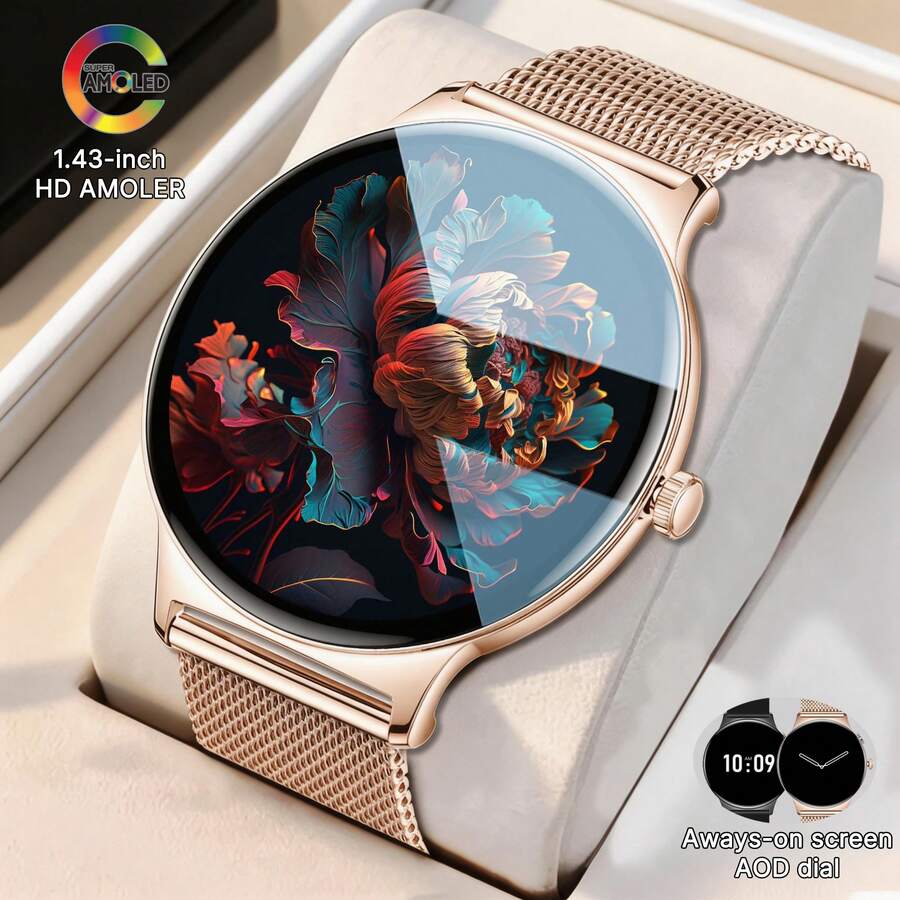 KENPANG Jam Tangan Pintar Ultra Tipis 7,9 mm untuk Wanita, Layar Sentuh Penuh AMOLED 1,43 inci, Monitor Detak Jantung & Tidur, Mode Multi-Olahraga, Melakukan/Menjawab Panggilan, Pelacak Kebugaran Wanita, Kontrol Musik, Cuaca, Angkat untuk Mengaktifkan Layar, Kamera Jarak Jauh, Kompatibel dengan iOS dan Android