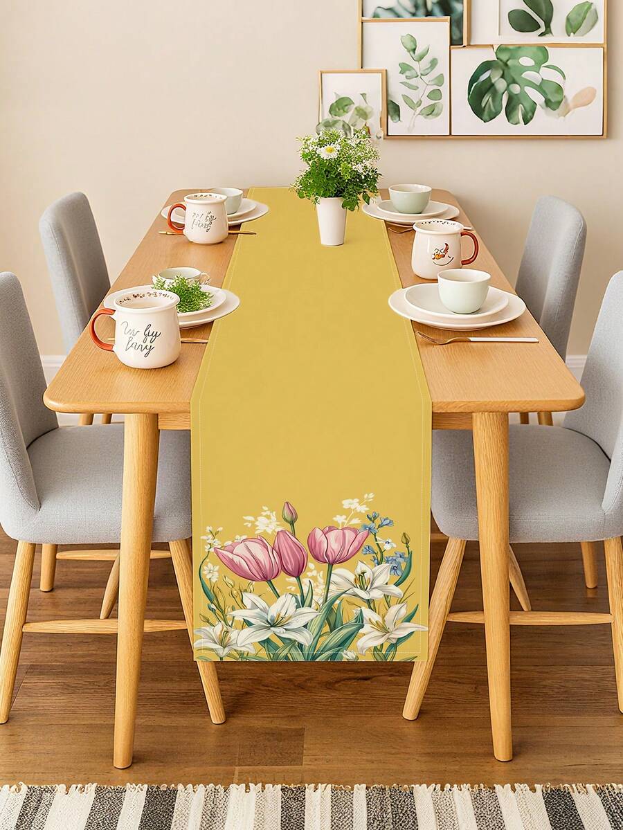 1 Pc Wisteria Hummingbird Tulip Lily Printed Linen Table Runner Farmhouse Style Rectangular Heat Resistant Table Decor For Spring Easter Kitchen Dining Party - Yellow - View 1