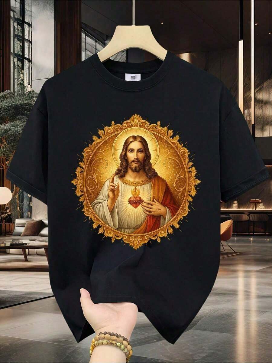 Women's Clothing 100% Men's T-Shirt - Short Sleeve, Crew Neck, Digital Print, Comfortable For All Seasons, Machine Washable, Ideal For Daily Outings, Circular Design, Casual Summer Style, Christian Style With Sacred Heart Of Jesus For Fitness Enthusiasts | Catholic | Christian | Church Clothing Women's Shirts - 黑色 - 查看 1
