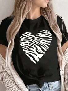 Women's Casual Short Sleeve T-Shirt, 100% Cotton With Zebra Heart Print, Lightweight And Durable, Perfect For Casual Wear At Home, Cafes, Or Outings, With Bold Stripes On Soft Fabric. Casual Wear For Everyday Use. - 黑色 - 查看 7