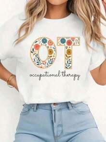 Cómodo Camiseta de terapeuta OT OTA de terapia ocupacional con estampado de flores vintage, 100% algodón, cuello redondo, manga corta, cómoda, para primavera y verano, ropa de mujer, ropa de talla grande para mujer, playeras de mujer algodon, blusa casual mujer,  mujer - Blanco - Ver 6