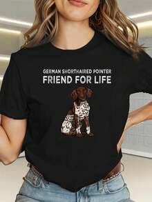 Una camiseta de manga corta para mujer, moderna, a la moda, retro y de corte holgado, adecuada para actividades al aire libre en primavera y verano.Esta cómoda y elegante camiseta para mujer presenta la frase "Lifetime Friend" impresa, junto con un diseño de perro dibujado.Tiene un diseño sencillo con letras y estampados de dibujos animados, y un cuello redondo.blusas para mujer,blusas casuales para dama,tops,, mujer premium,y2k,playeras de mujer curvy,ofertas y liquidaciones ropa mujer,playeras deportivas para mujer,,playeras de hombre, mujer,blusas>elegante TGHK - Negro - Ver 1