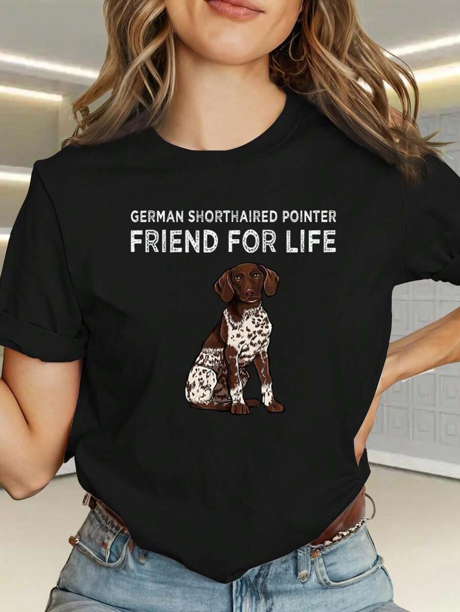 Una camiseta de manga corta para mujer, moderna, a la moda, retro y de corte holgado, adecuada para actividades al aire libre en primavera y verano.Esta cómoda y elegante camiseta para mujer presenta la frase "Lifetime Friend" impresa, junto con un diseño de perro dibujado.Tiene un diseño sencillo con letras y estampados de dibujos animados, y un cuello redondo.blusas para mujer,blusas casuales para dama,tops,, mujer premium,y2k,playeras de mujer curvy,ofertas y liquidaciones ropa mujer,playeras deportivas para mujer,,playeras de hombre, mujer,blusas>elegante TGHK - Negro - Ver 1