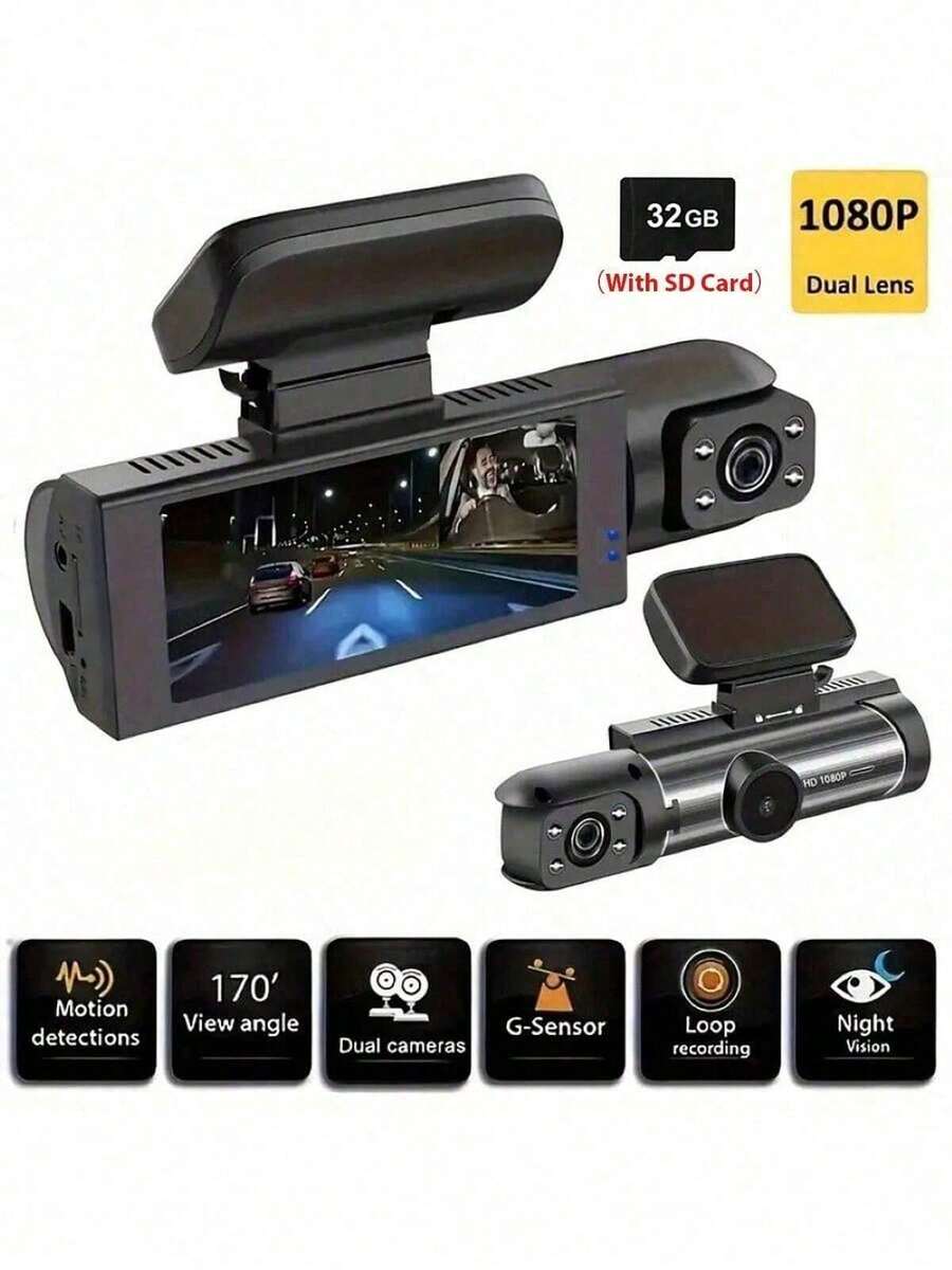 Dual Lens Dash Cam With Night Vision, Front And Rear Dual 1080P Cameras, Wide Angle Car DVR, 3.16 Inch IPS Screen, 24 Hours Motion Detection Parking Mode, 32GB Storage Card Loop Recording, 150mAh Battery Capacity