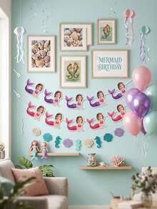2/4/6pcs Custom Photo Mermaid Face Bunting Banner, Under The Sea Themed Garland, Girls Birthday Party Decor, Photo Booth Prop, Underwater Scene Happy Birthday Party Decor, Background Wall Hanging Banner - Multicolor - View 5