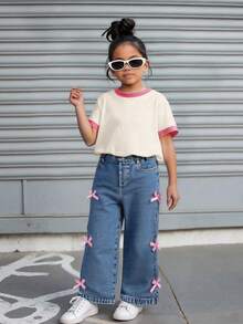 Young Girl Contrast Cuff Short Sleeve Top And Bow Denim Pants - Apricot - View 8