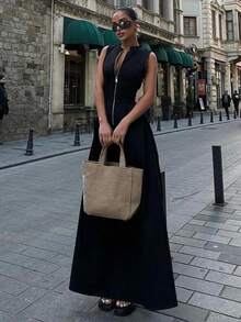 Women's Spring Summer Dress, Round Neck, Plain, Sleeveless With Zipper, Casual, Office, Elegant, European Style Available - 黑色 - 查看 4