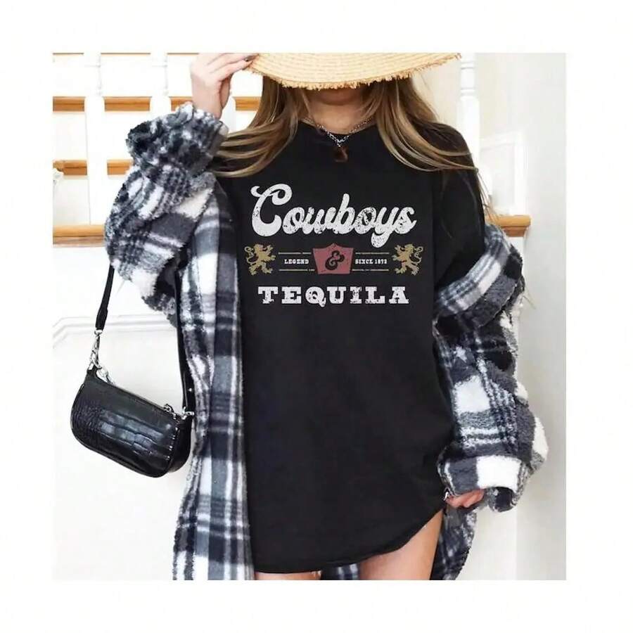 Camiseta Vintage Cowboys And Tequila, Camiseta Western, para Fiesta de Barbacoa, Camiseta Country  & Silhouette, Regalo de Camisa de Vaquero, Camiseta de Algodón Holgada y Versátil - Negro - Ver 1