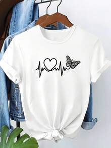 Tallas Grandes - Tallas Grandes - Camiseta de Moda 2026 para Mujer con Estampado de Mariposas y Corazones, Elegante y Cómoda para Primavera, Verano y Otoño, Top Casual de Manga Corta con Cuello Redondo, Lavable a Máquina - Blanco - Ver 1