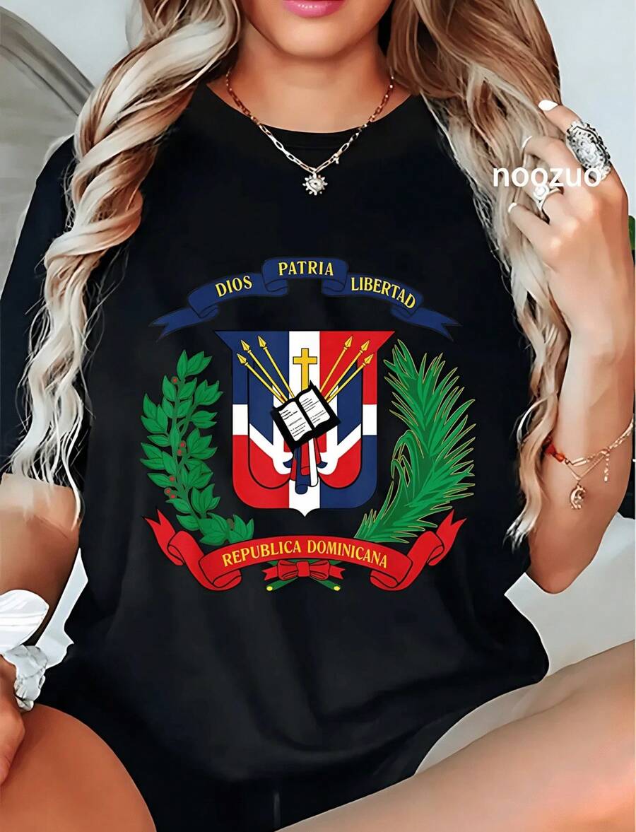 100% Cotton Dominican Republic Flag National Emblem Dominican Republic T-Shirt Women's T-Shirts - 黑色 7 - 查看 1