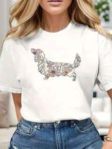 1 pieza Camiseta de mujer con estampado gráfico de perro salchicha de pelo largo, camiseta casual de manga corta, transpirable para uso diario, 180g 100% algodón suavePure-Cotton - Blanco - Ver 8
