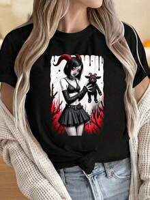 Camiseta con Estampado Gráfico para Mujer de Under The Radar con Diseño de Anime y Demonios - Top Casual de Manga Corta con Cuello Redondo para Primavera y Verano, Negro con Detalles Rojos, Ropa Casual |       Camiseta con Gráficos de Anime |       Camiseta de Manga Corta con Cuello Redondo, Estilo Vintage Urbano, Estampado Vibrante, Unisex, de Algodón Holgado |   Diseño exquisito |   Suelto y cómodo |   Fácil de combinar | - Negro - Ver 7