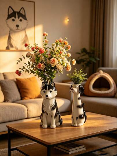 Bình hoa nhựa hình chó hoạt hình, chậu hoa Husky và Dalmatian dễ thương, bình hoa nhỏ hình động vật, bình trang trí nhà cửa, bình trang trí, hoa hồng, hoa, trang trí nhà cửa, trang trí phòng, trang trí ngày lễ, trang trí Eid, vật trang trí trung tâm bàn ăn, quà tặng tốt nghiệp cá nhân hóa