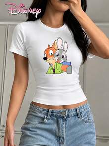 Disney Women's Slim-Fit Cropped T-Shirts With A Zootopia Nick And Judy Hug Print. Cute And Heartwarming Style, Suitable For Daily Commutes, Casual Outings, And Couple Outfits. - 白色 - 查看 2