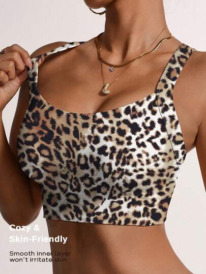Classic Leopard Print Criss-Cross Back Clasp Women Sports Bra, High Support Shock-Absorbing Fitness Yoga Bra