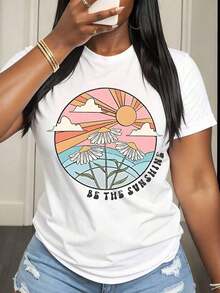 Camiseta de manga corta para mujer con estampado floral de sol y nubes, ropa casual de verano. - Blanco - Ver 6