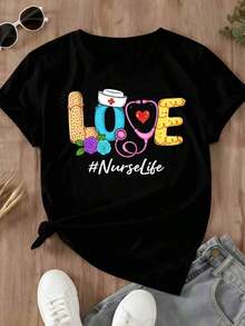 Camiseta de Mujer Nurse Life con Diseño Floral de Gorro de Enfermera, Estetoscopio y Vendaje, de Algodón, para Primavera y Verano, Uso Casual - Negro - Ver 2