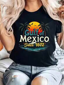 Camiseta% Algodón con Estampado de Atardeceres Eternos y Palmeras, Cuello Redondo, para Verano, Top Suave de Manga Corta para Mujer, Camiseta Elegante y Cómoda para Mujer, Camisetas con Estampados - Negro - Ver 1