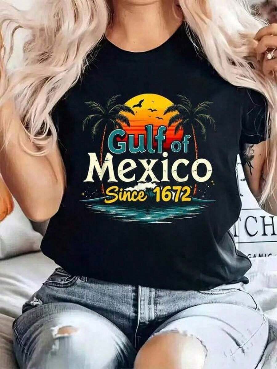 Camiseta% Algodón con Estampado de Atardeceres Eternos y Palmeras, Cuello Redondo, para Verano, Top Suave de Manga Corta para Mujer, Camiseta Elegante y Cómoda para Mujer, Camisetas con Estampados - Negro - Ver 1